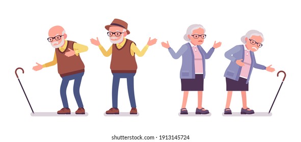 Old people, elderly man, woman with cane having heart pain. Senior citizens, retired grandparents, aged pensioners with disabilities. Vector flat style cartoon illustration isolated, white background