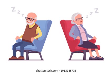 Old people, elderly man, woman sleeping in armchair. Senior citizens, retired grandparents, old-age pensioners with disabilities. Vector flat style cartoon illustration isolated on white background