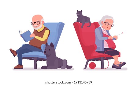 Old people, elderly man, woman resting in an armchair. Senior citizens, retired grandparents, old-age pensioners with disabilities. Vector flat style cartoon illustration isolated on white background