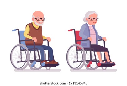 Old people, elderly man, woman sitting in a wheelchair. Senior citizens, retired grandparents, old-age pensioners with disabilities. Vector flat style cartoon illustration isolated on white background