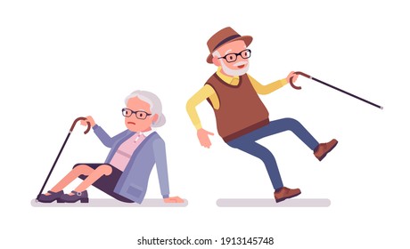 Old people, elderly man, woman in slip and fall accident. Senior citizens, retired grandparents, old-age pensioners with disabilities. Vector flat style cartoon illustration isolated, white background