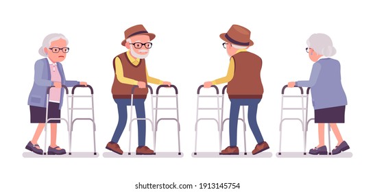 Old people, elderly man, woman with medical walker support. Senior citizens, retired grandparents, aged pensioners with disabilities. Vector flat style cartoon illustration isolated, white background