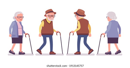 Ancianos, ancianos, mujeres con bastón para caminar. Ancianos, abuelos jubilados, pensionistas de edad con discapacidades. Ilustración de dibujos animados de estilo plano vectorial aislados en fondo blanco