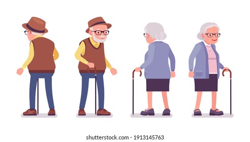 Old people, elderly man, woman with walking cane. Senior citizens, retired grandparents, old-age pensioners with disabilities. Vector flat style cartoon illustration isolated on white background