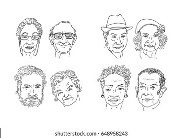 Old people faces drawing. Men and women faces hand drawing cartoon. Faces sketching vector.