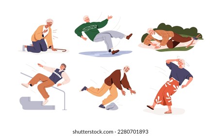 Old people fall down set. Senior men, women falling, slipping, sliding, stumbling by accident. Clumsy elderly characters falldown. Flat graphic vector illustration isolated on white background - Shutterstock ID 2280701893