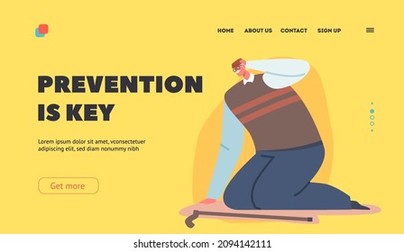 Old People Falling Prevention Landing Page Template. Senior Man Sitting on Floor with Dizzy Head and Cane, Elderly Male Character Fall Down due to Slippery Road, Accident. Cartoon Vector Illustration