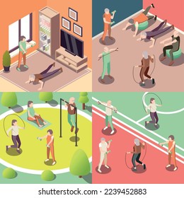 Old people fitness concept icons set with training symbols isometric isolated vector illustration