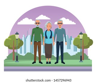 old people friends smiling grandparents on city park scenery background ,vector illustration graphic design.