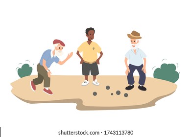 Old people gaming petanque. Grandfather play with friend. Isolated image of outdoor sport. Adult men action in cartoon style. Pensioners activity res