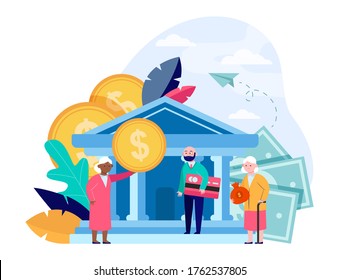Old people getting pension payment. Senior man and woman with money and credit card standing near bank flat vector illustration. Finance, saving concept for banner, website design or landing web page