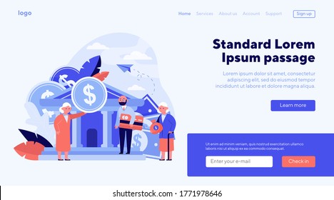 Old people getting pension payment. Senior man and woman with money and credit card standing near bank flat vector illustration. Finance, saving concept for banner, website design or landing web page