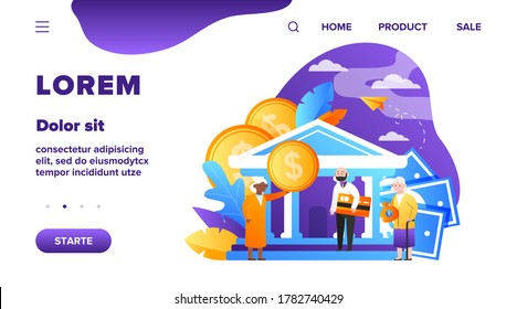 Old people getting pension payment. Senior man and woman with money and credit card standing near bank flat vector illustration. Finance, saving concept for banner, website design or landing web page