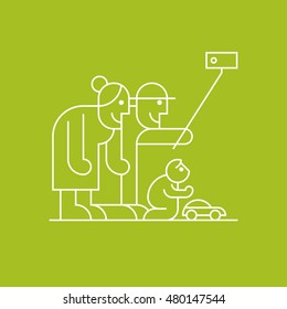 Old people and grandchild playing and making selfie with smartphone  vector thin line pictogram, icon, symbol. Happy, active and modern old grandparents design element