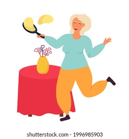 Old people grandma bakes pancakes. Pensioners are athletic. Vector illustration isolated on a white background.
