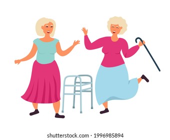 Los ancianos de la abuela bailan arrojando un bastón y un caminante. El hombre mayor se está divirtiendo. Ilustración vectorial aislada en un fondo blanco.