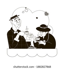 old people, grandmother and grandfather, sit at a table in a cafe, drink a hot drink, coffee, tea, cocoa. Active old age. Black and white vector, sketch, flat