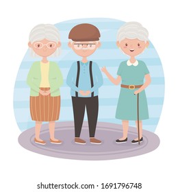 old people, grandmothers and grandpa together cartoon characters vector illustration