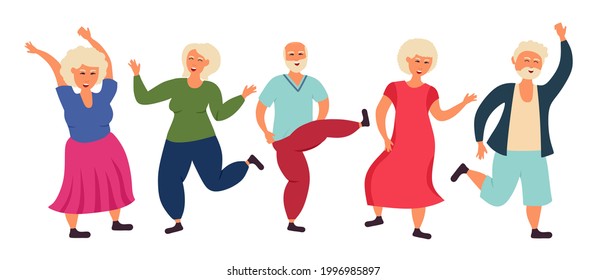 Old people. Grandparents are dancing. The older man and woman are having fun. Vector illustration isolated on a white background.