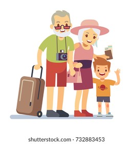 Old People With Grandson Travelers On Holiday. Smiling Grandparents On Vacation. Happy Elderly Veteran Traveling Vector Concept. People Grandparent With Grandson Illustration