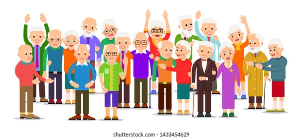 Old People Group. Crowd Older Men And Women. Cheerful Senior People Outdoors. Happy Couple Travel Together. Smiling Aged Caucasian Pensioners. Illustration Isolated On White Background In Flat Style.
