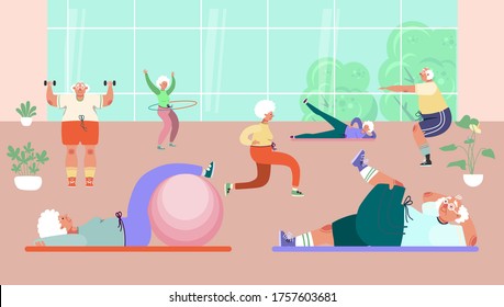 Old people group doing exercises in gym, vector illustration. Healthy activity for senior man woman character, sport and fitness workout. Exercises with ball, dumbbells, hula hoops and rug.