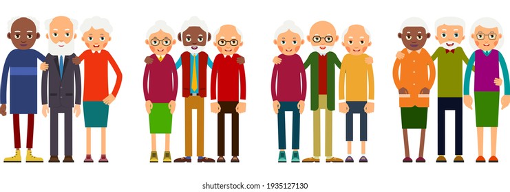 Viejos en grupos de tres en fila. Ancianos y mujeres europeos y amigos étnicos afroamericanos. Los ancianos se abrazan. Que los adultos mayores sean felices. Ilustración aislada. Vector.