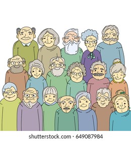 Old people. Hand drawn crowd. Faces of grandparents