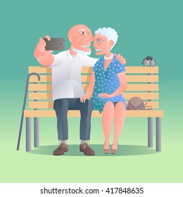 Old people happy and active vector illustration. Concept image of lifestyle of modern old people - making selfie, holding smartphone, relaxing. Adventure Is Ageless