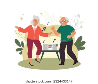 Old people having active lifestyle, spending time together. Elderly men and women dancing and having fun. Happy old age. Leisure time with pet. Vector flat illustration in green colors