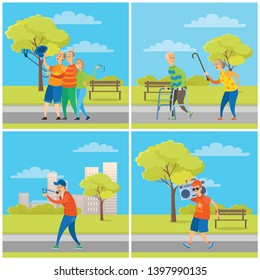 Old people having fun in city park vector, elderly friends taking selfie on smartphone holding phone with help of wooden walking stick, male with slingshot
