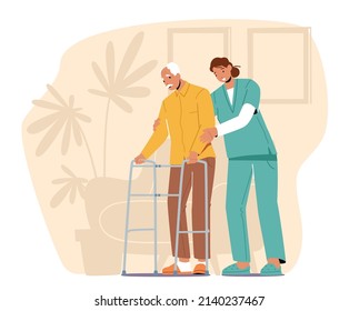 Old People Health Care, Medical Aid Concept. Volunteer or Medic Help to Aged Man with Walking Frame at Nursing House or Hospital. Social Worker Care of Sick Senior. Cartoon People Vector Illustration