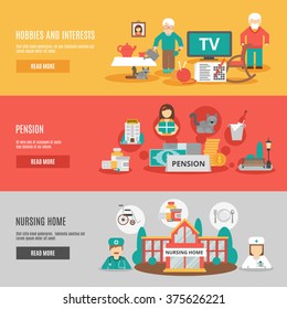 Old people hobbies and interests pension and nursing home horizontal banners set flat vector illustration