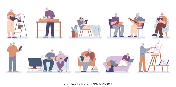 Old people home activity. Retired life, gardening knitting, painting. Senior person hobby. Modern grandparents with gadgets kicky vector characters