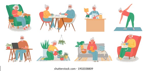 Old people home hobby. Senior men, women and couple work on computer, read, fitness, cook, plant care and knite. Elderly in house vector set. Illustration old elderly grandmother and senior pensioner