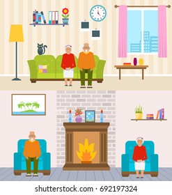 Old People Home Interior Background. Aged Characters, Household Furniture, Pension - Illustration Vector