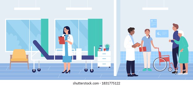 Personas mayores en la ilustración de vector del hospital. Caricatura ancianos hospitalizados personaje de mujer visitando al equipo médico para chequeo de diagnóstico y tratamiento médico. Atención de salud para discapacitados, antecedentes médicos