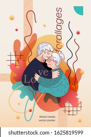 Old people hug and husband kiss his wife in forehead. Romance relationship of elderly persons. Poster, banner, print, postcard for Valentine Day on abstract background. Flat linear, mixed media style