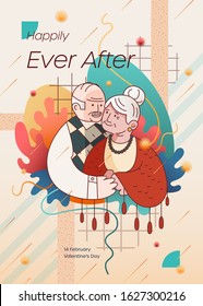 Old people hug, senior husband and wife still in love. Romance relationship of elderly persons. Poster, banner, print, postcard for Valentine Day. Flat linear, mixed media style, abstract background