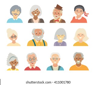 Old People Icons Vector Set. Face Of Elder People Icons Cartoon Style. Grandfather And Grandmother Characters. Pensioner Head Flat Collection. Isolated Avatar