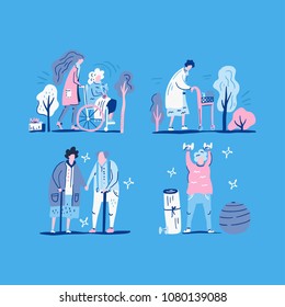 Old People Illustrations On A Blue Background. Elderly Care Concept. Flat Vector Design. 