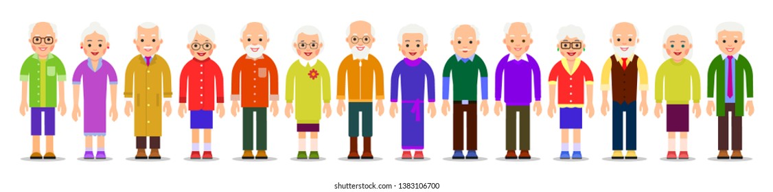 Old people isolated. Elderly man and women isolated in beautiful flat style on white background. Group of happy pensioners. Caucasian couple. Aged smiling grandma and grandpa. Standing adult team.