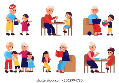 Old people and kids. Grandparent and grandchild, kids visit grandma. Cartoon girl support old woman. Elderly and young persons together decent vector set