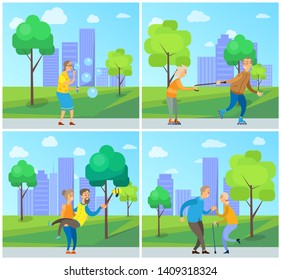 Old people leisure in urban park with skyscrapers view, pensioners man and woman walking outdoor, blowing and skating, dancing and making photo vector