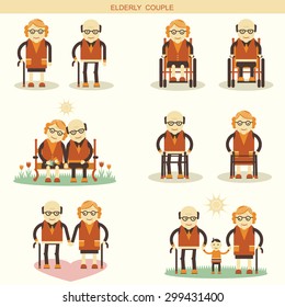 Old people lifestyle. Vector icons of couple seniors isolated for design