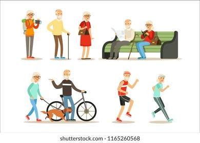 Old People Living Full Live And Enjoying Their Hobbies And Leisure Collection Of Smiling Elderly Cartoon Characters