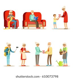 Old People Living Full Live And Enjoying Their Hobbies And Leisure Set Of Smiling Elderly Cartoon Characters