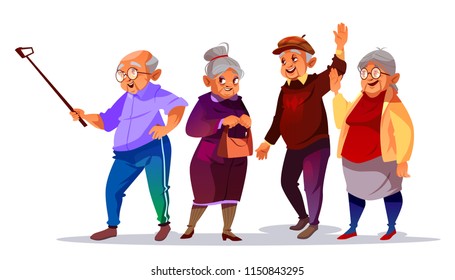 Old people making photo selfie vector illustration. Cartoon elderly man and woman smiling with hello hand gesture for smartphone photograph on vacation or travel