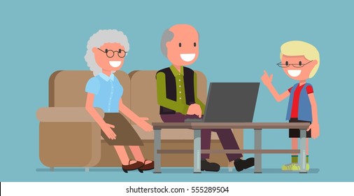 old people. Old man and woman at a computer, laptop. grandson, the boy helps prompts. Vector illustration. flat design style. suitable for animation (individual segments)