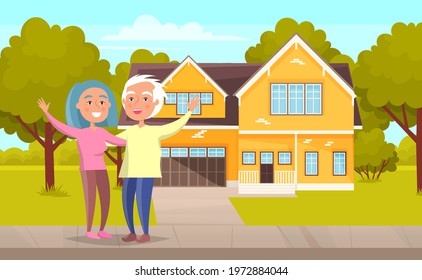 Old people man and woman on walk in city garden. Elderly happy couple hugging in summer park. Grandparents walking in street together enjoying good warm weather along an alley with green trees